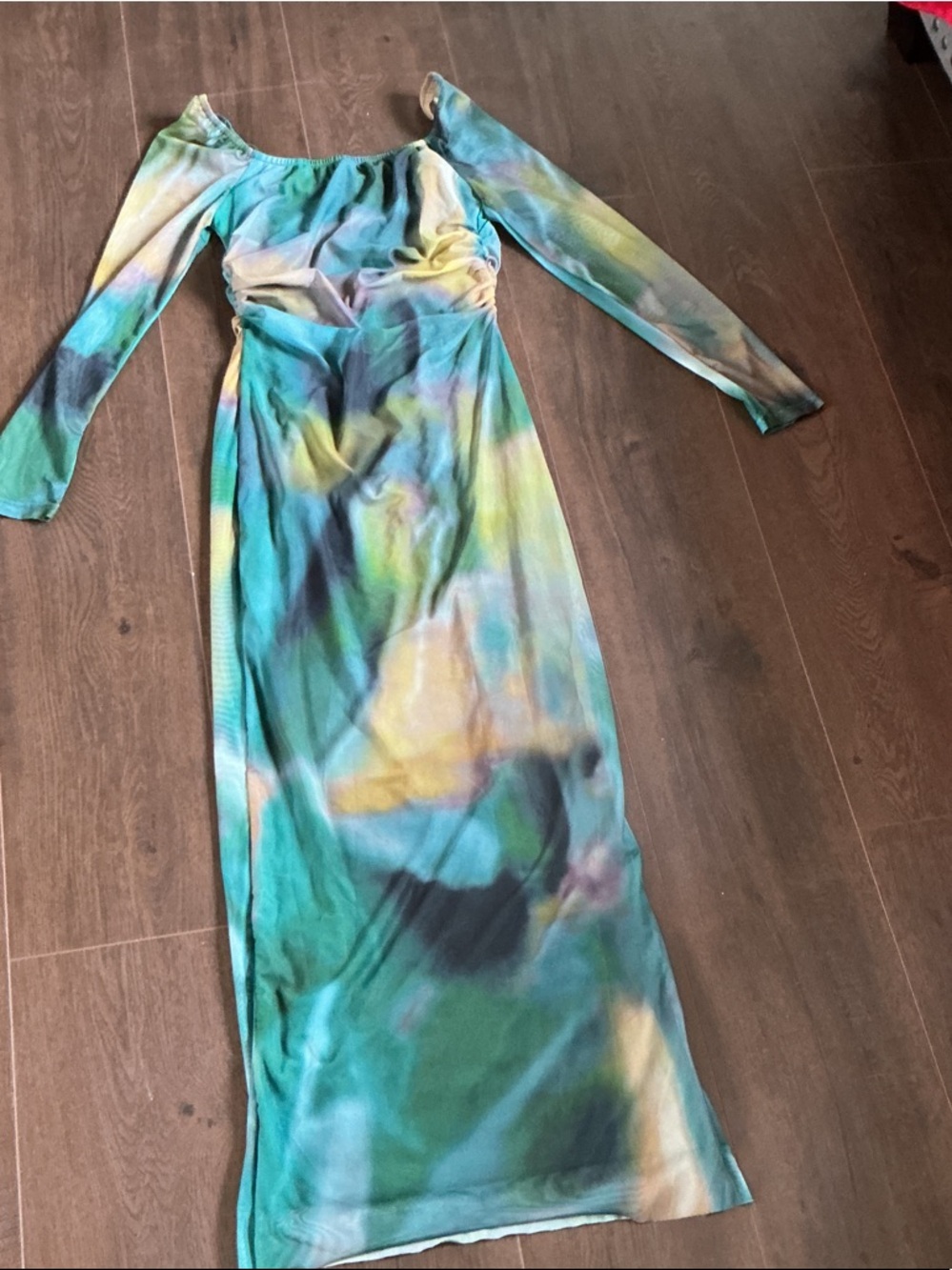 Ruched Tie-Dye Maxi Dress in Teal & Yellow